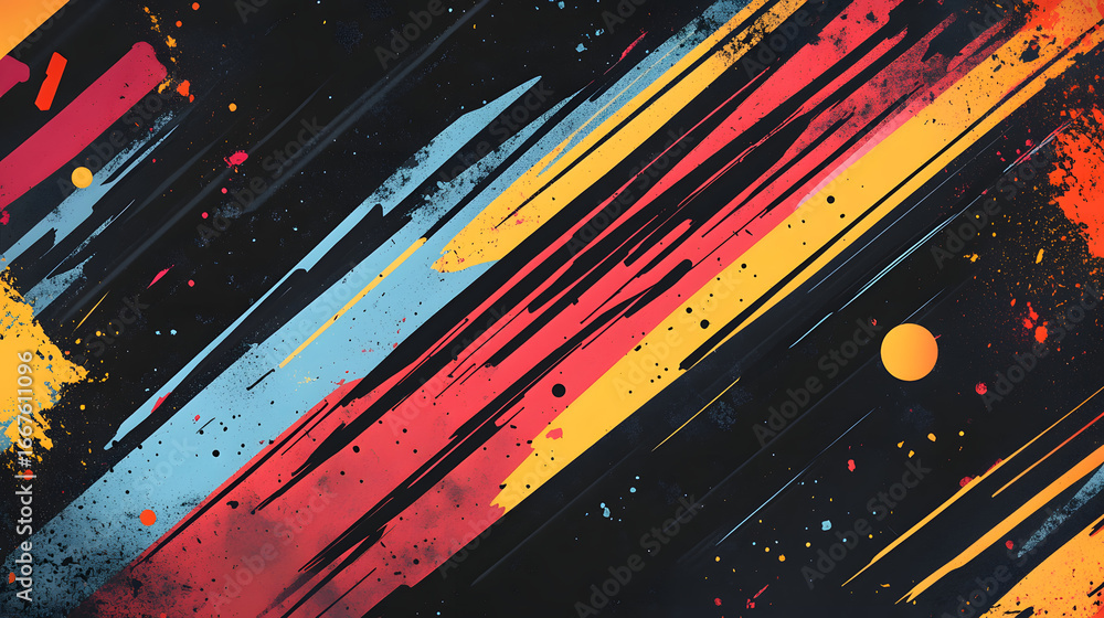 Aufkleber dynamic abstract streaks of vibrant color burst across a dark, textured canvas creating energetic vi