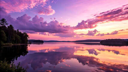 Pink and purple sunset reflecting over calm water
