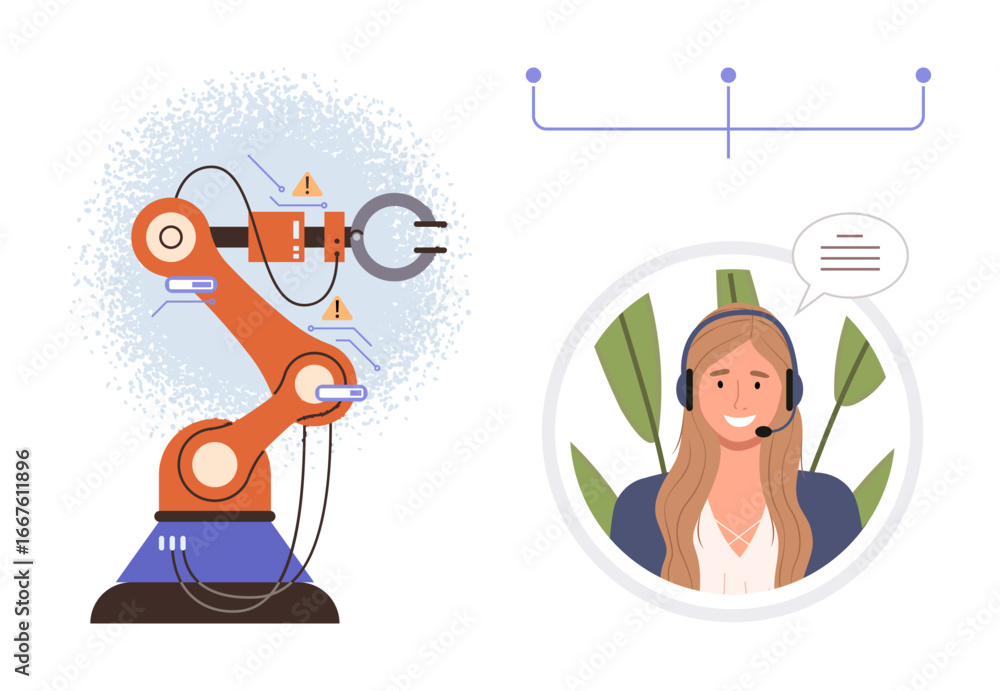 Poster robotic arm assembling parts alongside a support representative in a headset. ideal for ai, technolo
