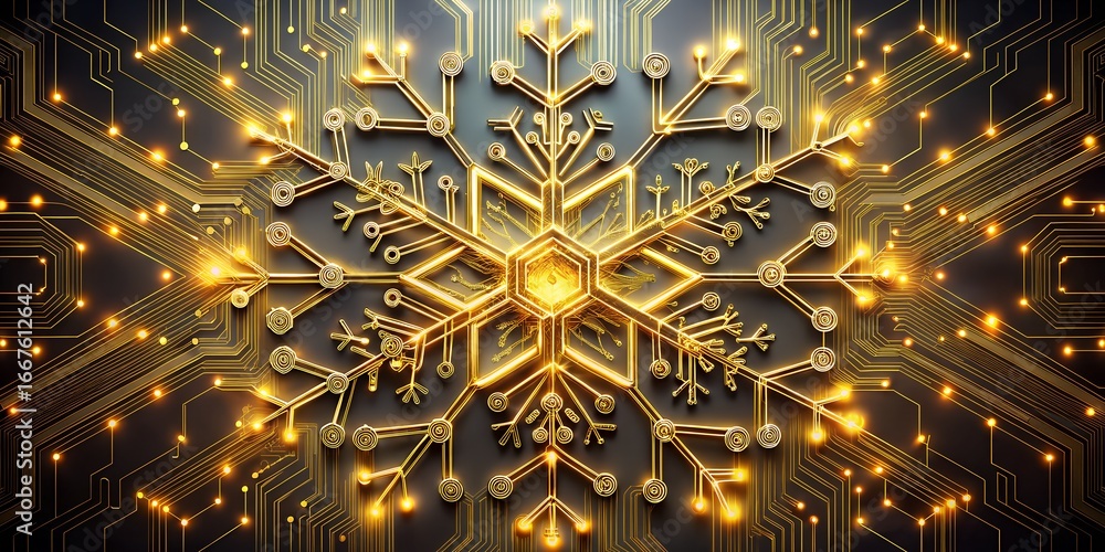 Aufkleber golden snowflake on a circuit board, a technological winter design with intricate patterns and glowi