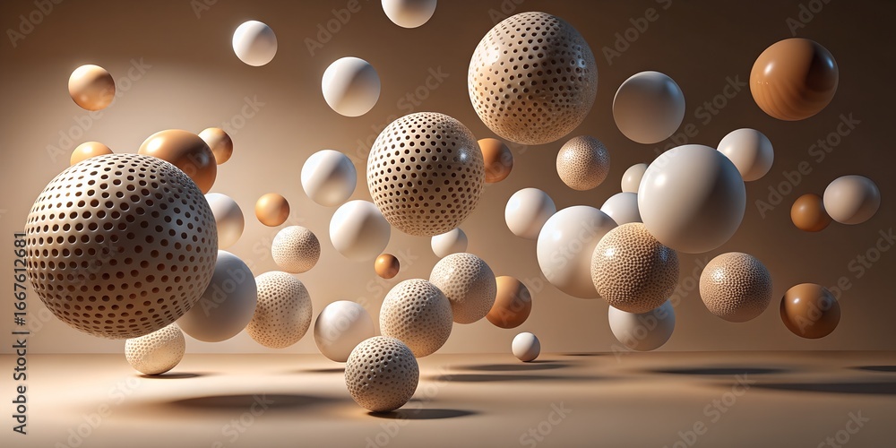 Poster floating spheres with neutral tones, an abstract design featuring textured balls in a modern composi