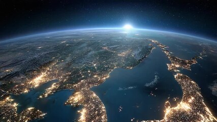 An Earth view at night of East Asia, illuminated by city lights and the sun's glow, with a starry backdrop - Powered by Adobe