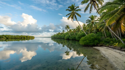 Calm tropical lagoon with palm trees and reflections under a cloudy sky full hd 4k stock image download 1