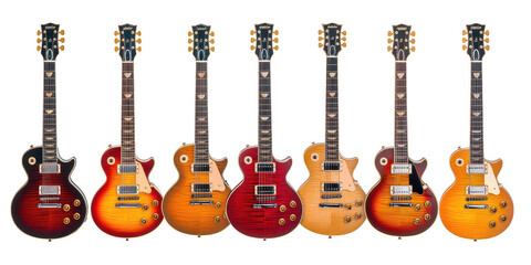 Naklejka premium Group of seven electric guitars with sunburst and solid color finishes musical instrument music isolated on a transparent background