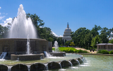 Capitol dome against blue sky. Washington DC federal landmark. United States Capitol architecture....