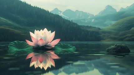 A serene lotus flower floating on a calm lake with mountains and trees in the distant background view