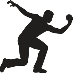 A black silhouette design of a cricket bowler action icon isolated on white background. Vector illustration