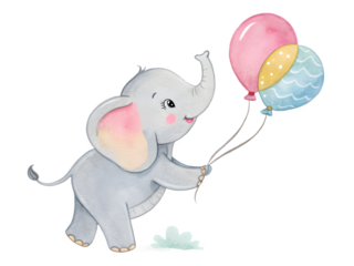 Cute watercolor baby elephant holding colorful balloons on a black background