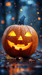 Smiling Jack-o'-Lantern on a Wet Autumn Night,up by Nha Vu