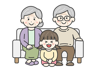 敬老の日に、ソファで祖父母と写真を撮る、女の子のイラスト｜敬老の日