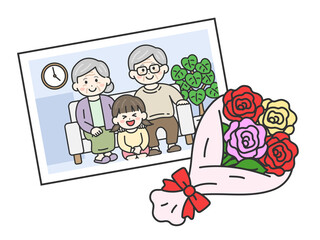 敬老の日に、祖父母と孫の女の子と撮影した、家族写真のイラスト｜敬老の日