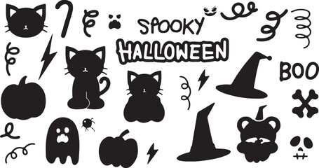 Halloween Black Silhouette Doodles – Cat, Pumpkin, Witch, Spider, Skull, Ghost, Bat, Monster, Creepy, Spooky, October, Haunted, Trick or Treat, Hat, Holiday, Dark, Vector, Night