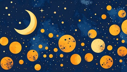 Deep blue space background with moon, stars, and many orange planets.