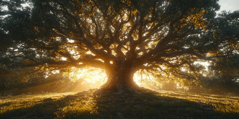 Majestic Ancient Tree Bathed in Golden Sunlight at Sunset,up by Nha Vu