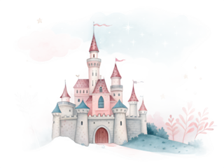 Whimsical watercolor castle with pink and blue accents against a dark background