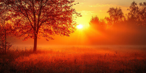 Vibrant Autumn Sunrise Over a Foggy Field and Red Tree,up by Nha Vu