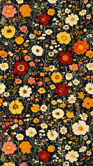 Lush Meadow with Yellow, Red, and White Wildflowers on a Dark Background,up by Nha Vu