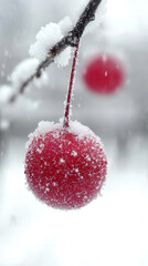Vibrant Red Berry Covered in Snow and Ice on a Branch,up by Nha Vu