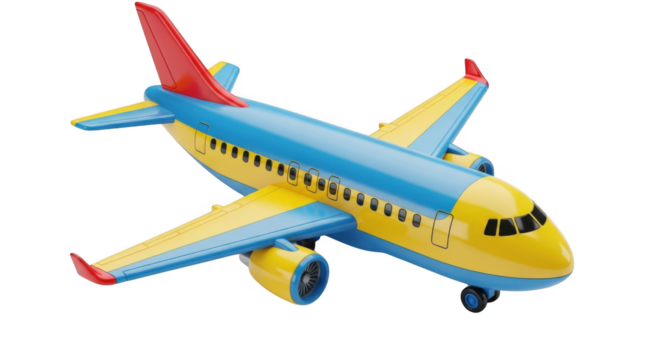 Colorful toy airplane with blue fuselage yellow wings and tail with red accents ready for imaginative play and adventure