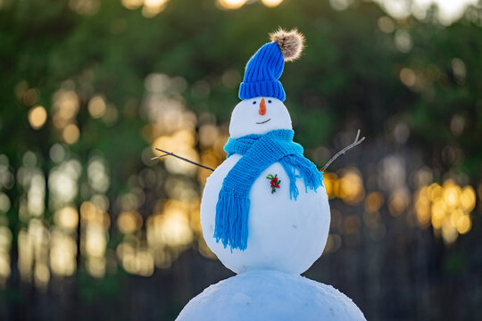 Snowman on snow background. Winter holiday scene. Snowman with scarf and hat. Snow design. Happy snowman outdoor. Snow banner. Frosty snowman. Winter greeting card. Cute snow man. - Powered by Adobe