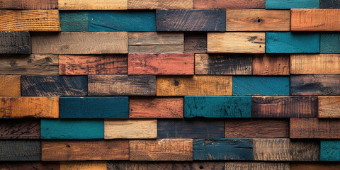 Colorful Reclaimed Wood Blocks in a Dynamic Brick Pattern Wall,up by Nha Vu