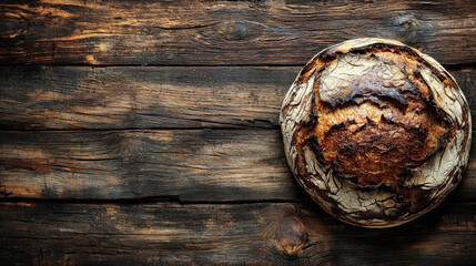 Rustic Sourdough Loaf on a Dark Wooden Table Background,up by Nha Vu