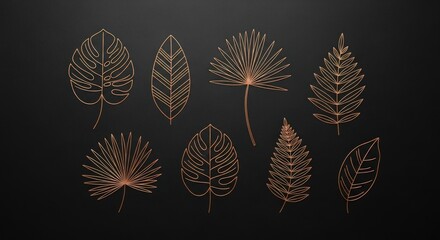 Elegant copper line art tropical leaves on textured dark background