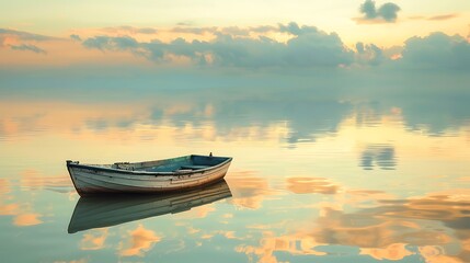 a small wooden rowboat floating on calm shallow water, peaceful seascape at sunset, fluffy pastel clouds reflected on the mirror-like surface, serene and minimal composition, soft golden light, 