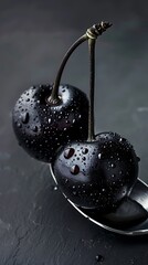 close-up of two black cherries with water droplets on a silver spoon, dramatic lighting, dark gray background, ultra-realistic texture, food photography style, high contrast, studio lighting, 