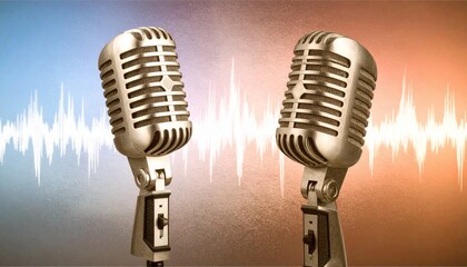 Vintage Microphones on a Gradient Background with Sound Waves, Retro Podcasting Studio with Classic Mics and Abstract Audio Visualization
