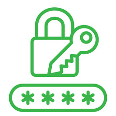 Green neon outline of a padlock and key with a password field below isolated on transparent background