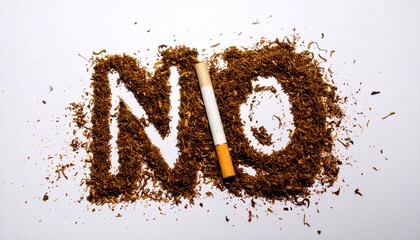 Say No to Smoking with Tobacco Spelling and Cigarette, Anti-Smoking Message Displayed with Tobacco Arrangement and Cigarette on White Background