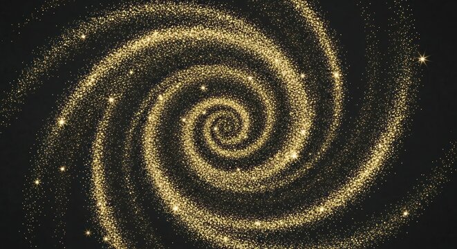 A mesmerizing spiral of golden glitter particles against a dark background creating a swirling galaxy effect