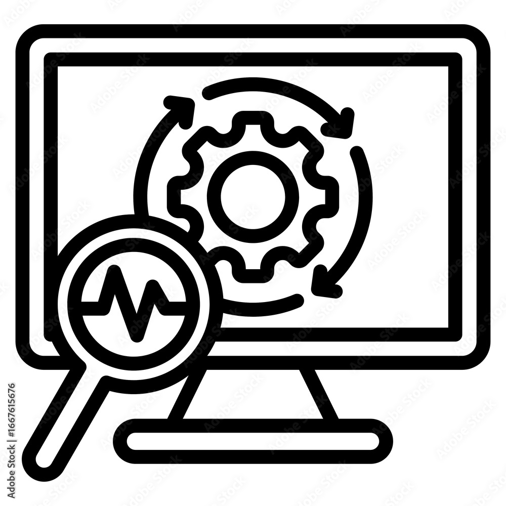 Fototapete computer screen displaying a gear icon and a waveform symbol representing data analysis and system s