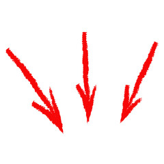 Three hand drawn red arrows pointing downwards in a converging pattern isolated on transparent background