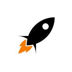 Black rocket ship icon with orange flames, taking off against a white background.