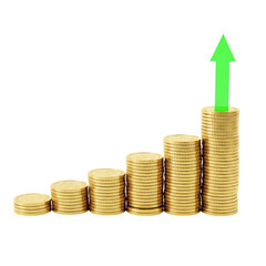 Rising stacked gold coins symbolizing financial growth upward green arrow business success and investment profits isolated on transparent background