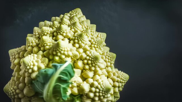 A mesmerizing, rotating close-up of a Romanesco broccoli, its intricate fractal pattern highlighted against a dark background