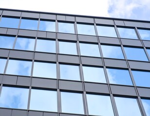 Fototapeta premium Reflections of azure skies on a modern building's sleek grid facade with geometric lines