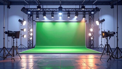 Empty modern professional video production studio with green screen backdrop.