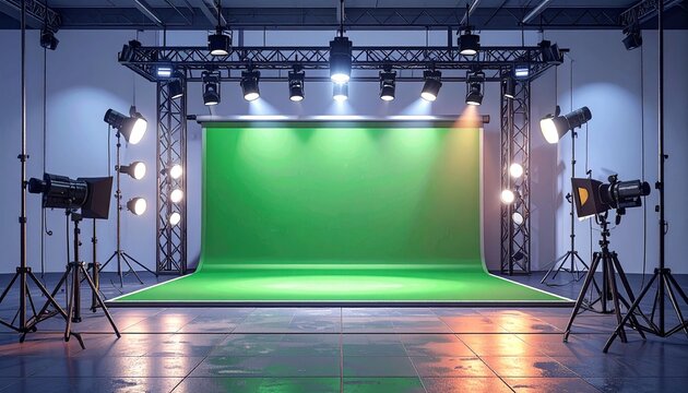 Empty modern professional video production studio with green screen backdrop.