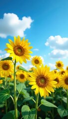 Obraz premium Sunflowers sway gently under fluffy white clouds, vibrant yellow against a blue sky , bloom, sunflowers