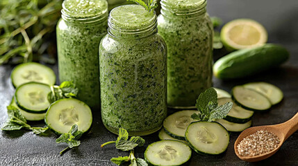 Healthy Green Cucumber and Mint Smoothies in Mason Jars ,up by Nha Vu
