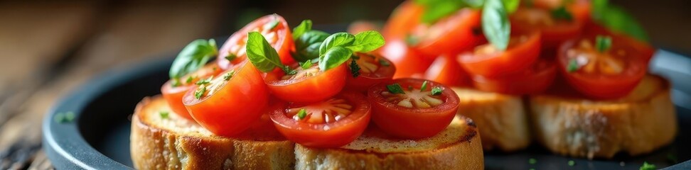 Toasted bread, vibrant tomato bruschetta topping, lunch, tomato, close-up
