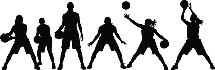 Basketball player silhouettes, dribbling pose, shooting action, passing motion, black contour, sport movement, dynamic posture, team play, athletic gesture