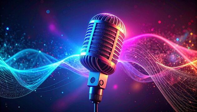 Vintage Microphone in a Neon Symphony, Retro Mic with Abstract Waves of Color