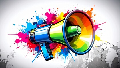 Cartoon Megaphone with Vibrant Paint Splatters, Bold Graphic Design for Announcements and Protests