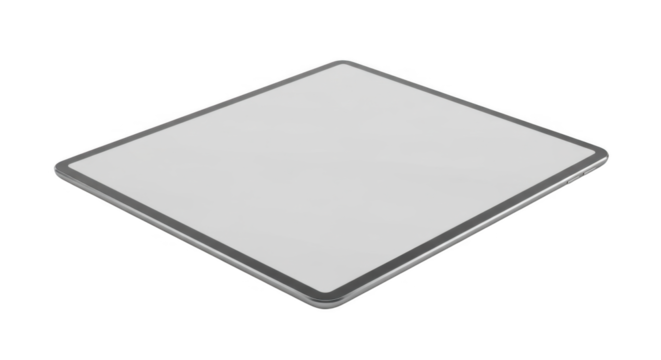A digital tablet with a light gray screen and a silver metallic frame set against a black background