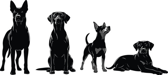 Dog silhouettes in unique poses, standing, sitting, and lying down, showcasing breed diversity, pet behavior, posture, loyalty, and calm expression