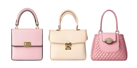 Three Elegant Pink and Cream Handbags with Gold Hardware on Black purse fashion isolated on a transparent background